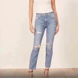 REFORMATION Julia High Waisted Straight Leg Jeans with Raw Hem‎